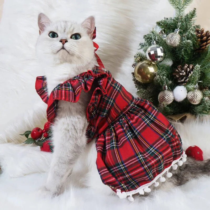 Saia Natalina Dog Strap, Roupa de gato, Xadrez, Cães pequenas, Outono, Inverno